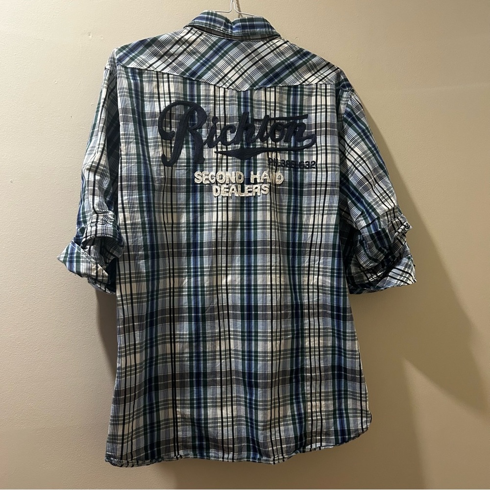 Scotch & Soda Mens Shirt XL White Green Blue Plaid Casual Pearl Snap Richton